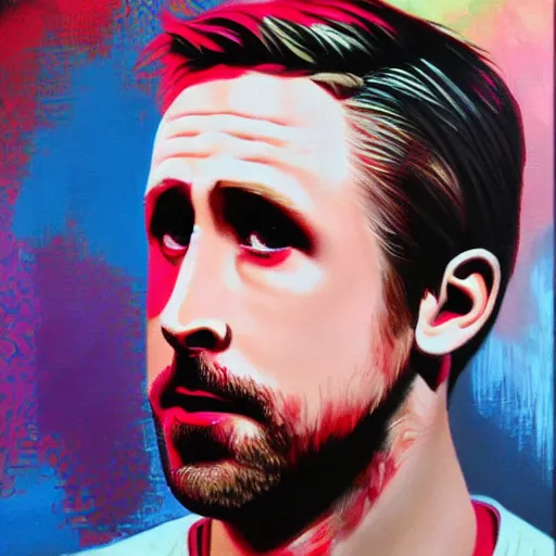 Image similar to ryan gosling portrait in detail in oil using block colour by james jean,