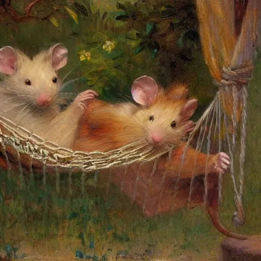 Image similar to Gaston Bussiere painting of two pet rats lounging inside a hammock, soft lighting