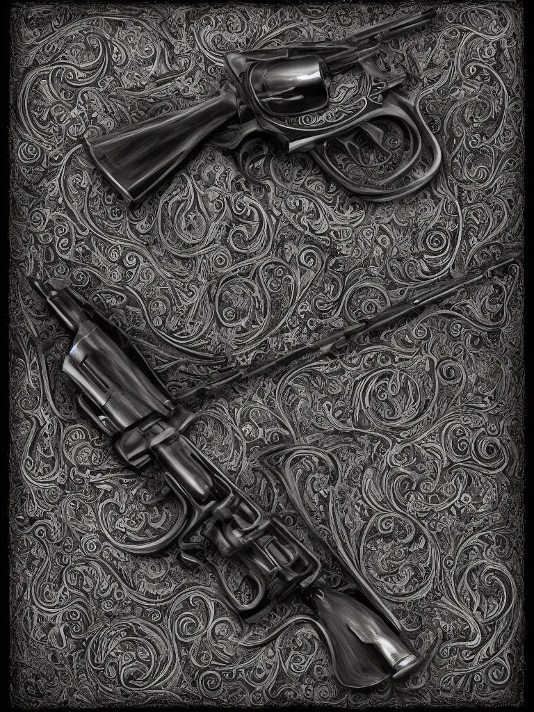 Image similar to carving in dark black steel of machine guns shotguns rifles revolvers bullets, dark vintage paperback cover, ultra-realistic, intricate details, 4k