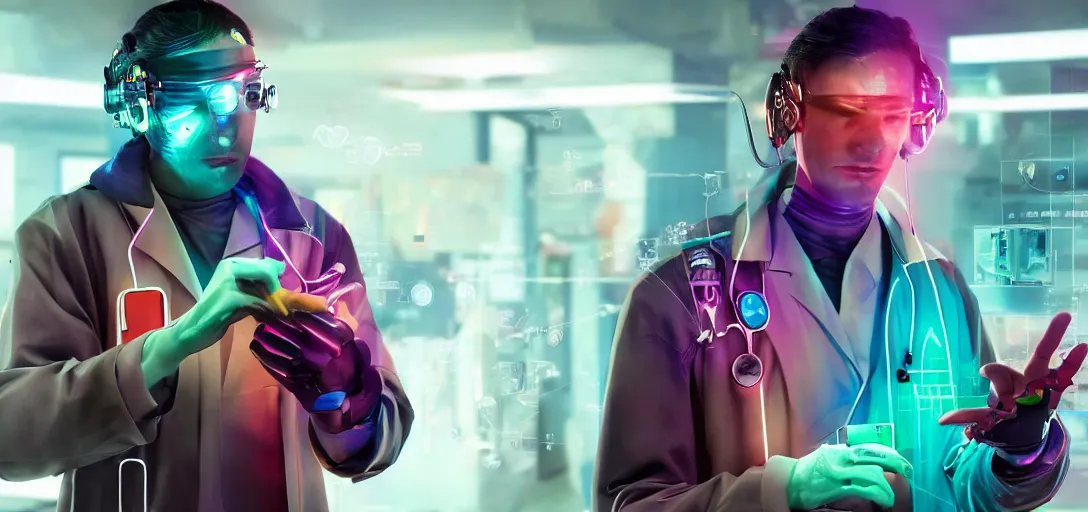 Image similar to cyberpunk doctor working on repairing user augmentations, brightly colored