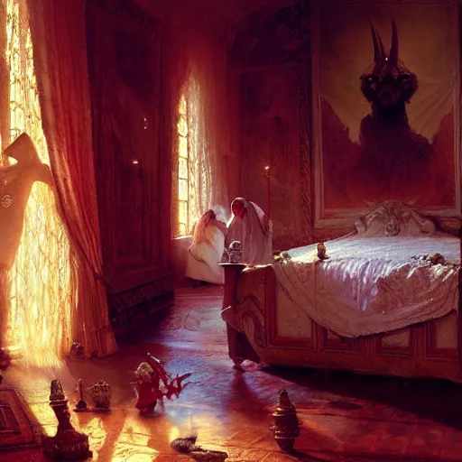 Image similar to the pope is in his bedroom, scared because a horned demon is attacking him. highly detailed painting by gaston bussiere, greg rutkowski, craig mullins 8 k