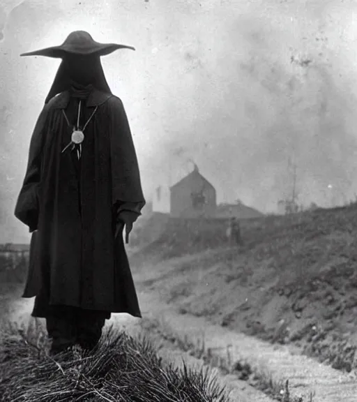 Prompt: a man at wearing plague doctor mask in distance, ww1 film photo, grainy, high detail, high resolution