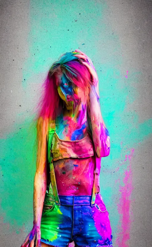 Prompt: grungy woman, rainbow hair, soft eyes and narrow chin, dainty figure, wet t-shirt, torn overalls, skimpy shorts, covered in neon paint, luminescent, dark, dramatic, cinematic, Sony a7R IV, symmetric balance, polarizing filter, Photolab, Lightroom, 4K, Dolby Vision, Photography Award