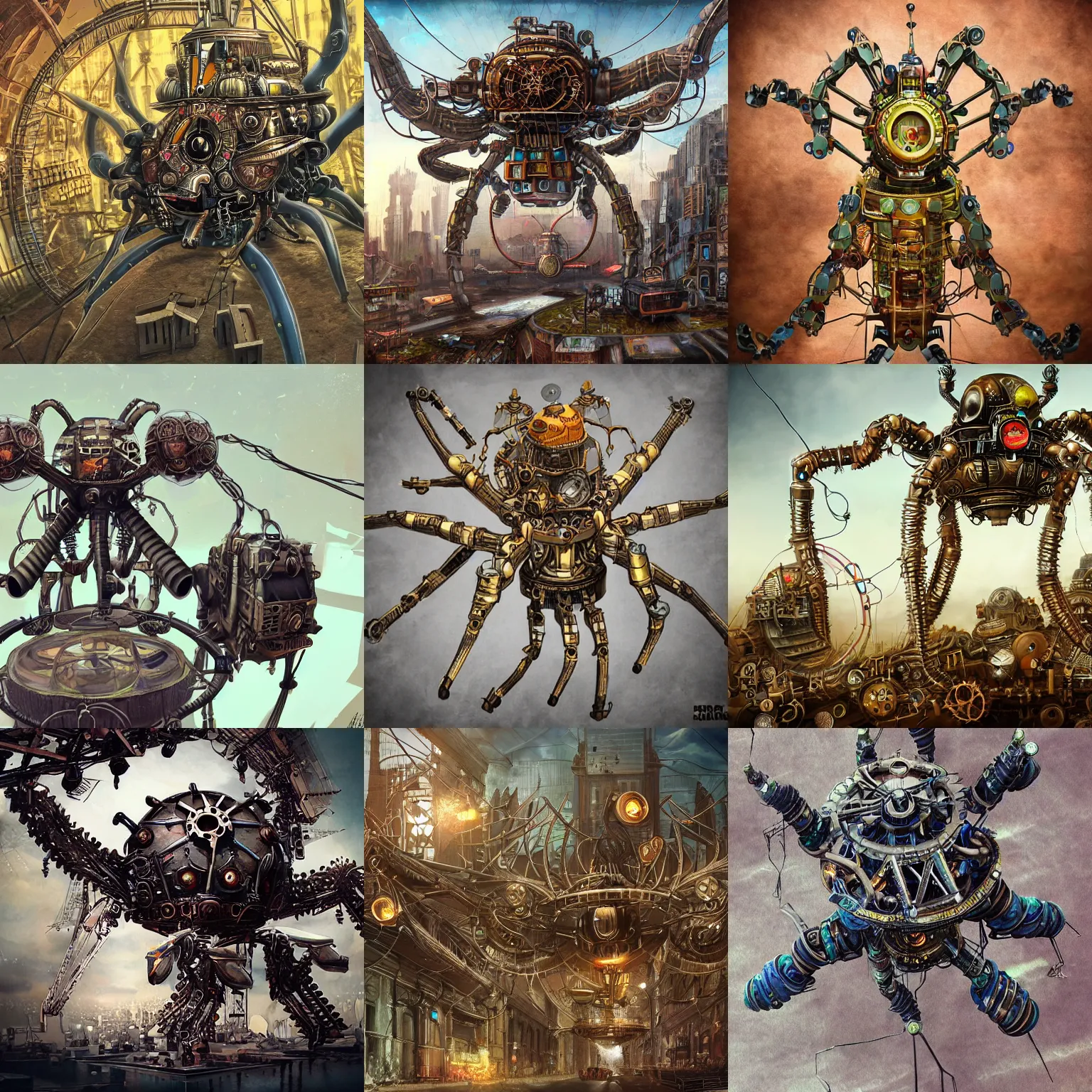 Prompt: enormous mechanical spider, city-sized, steampunk art, psychedelic art, trending on artstation