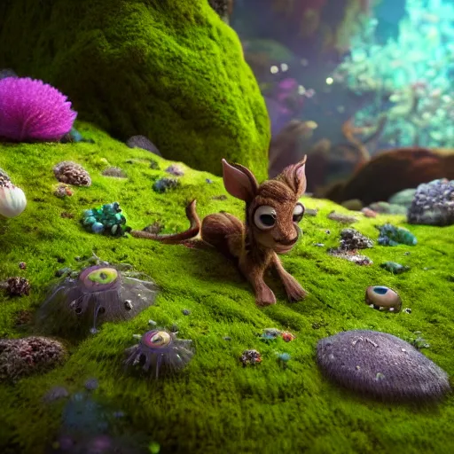 Prompt: tiny satyr, moss, floating, rbc, radiolaria, protophyta, micro - organisms, center frame, symmetric, rim light, marine microbiology, underwater, bioluminescence, electric, soft, concept art, intricate details, highly detailed, colorful, photorealistic, disney pixar, octane render, iridescent