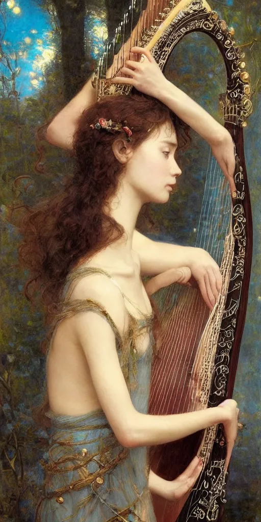 Image similar to masterpiece of a shy delicate elf bard, playing on a harp, followed by a shadow, beautiful face and flawless skin, perfect hands by Edgar Maxence and Ross Tran and Michael Whelan