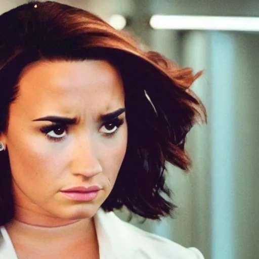 Image similar to close-up of Demi Lovato as a Diana Scully in an X-Files movie directed by Christopher Nolan, movie still frame, promotional image, imax 35 mm footage