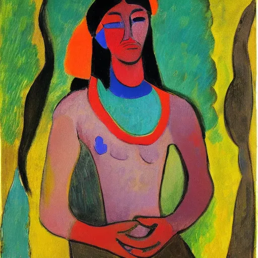 Image similar to painting of, young native american woman, full clothes on, in a jungle, by alexej von jawlensky