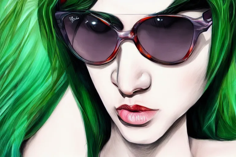 Prompt: 8k UHD, high detailed, Digital drawing, Randy Bishop art style : (subject = girl wearing Ray bans shades, photo realistic, high symmetry + subject detail= beautiful, Asian, green hair, high detailed)