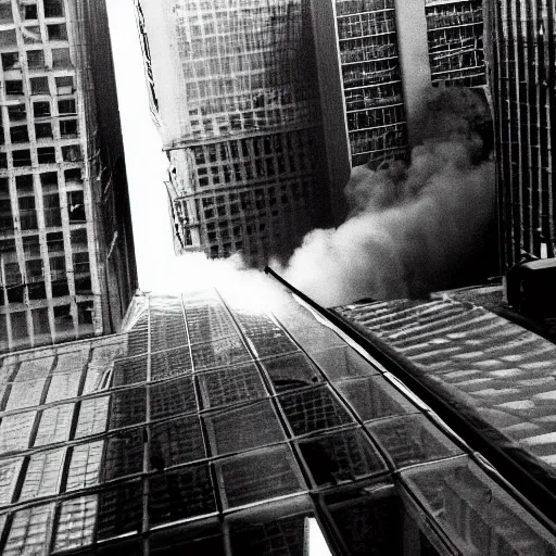 Image similar to view inside the world trade centre as the first plane struck the building, photo from the point of view of a person inside at the point of impact, photo, survivor, realistic, cinematic