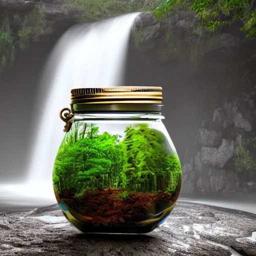 Image similar to waterfall in a jar, 4k detailed hyperrealistic photography, 8k