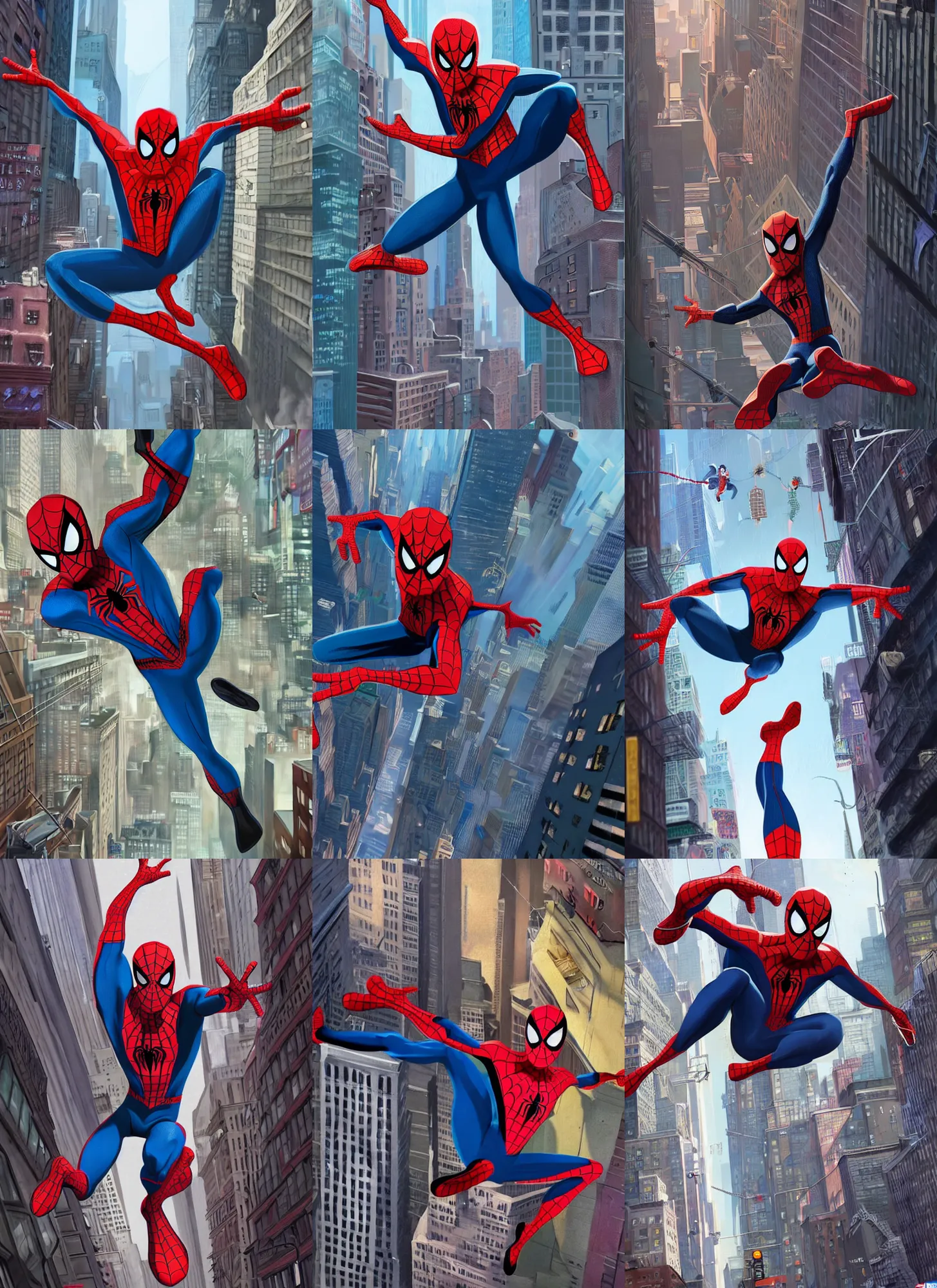 Prompt: very detailed full body concept character portrait illustration of peter parker spider man swinging through new york city, digital illustration, concept art, matte painting, digital painting, illustration, amazing value control, 8 k, ultra detailed, in the style of spider man into the spider verse and sony pictures animation, minimal artifacts, rubber suit, graphic style, screen tones, chromatic abberation
