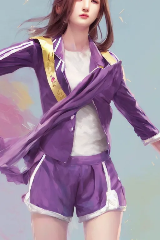 Image similar to Full View of Eunha from Viviz and gFriend with short hair wearing a purple military uniform and puffy silk shorts, white leggings, Golden Ribbon, and a billowy scarf. Rhythmic gymnastics poses. masterpiece 4k digital illustration by Ruan Jia and Mandy Jurgens and Artgerm and greg rutkowski and WLOP, award winning, Artstation, art nouveau aesthetic, Alphonse Mucha background, intricate details, realistic, panoramic view, Hyperdetailed, 8k resolution, intricate art nouveau