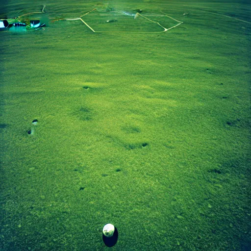 Image similar to a photography of a green soccer pitch on the moon, extreme long shot