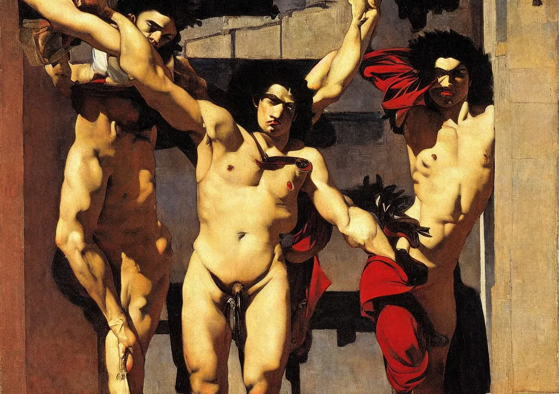 Image similar to a punk latino greek god searching for a watchful light through the streets of a city, sparse detail, complementary color scheme, by george luks, caravaggio and moebius