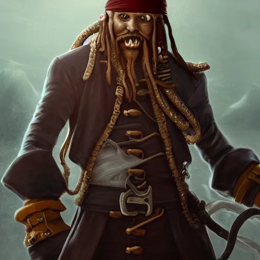 Image similar to a pirate captain with squid tentacle arms, beautiful and creepy digital painting, trending on artstation, detailed masterpiece, realistic rendering, 4k wallpaper