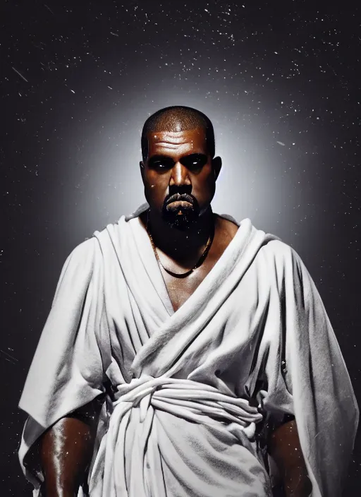 Image similar to kanye west as zeus!!!, god of thunder, greek god, white robe, thunderbolt, in mortal kombat, mythology, fantasy, detailed face, splash art, movie still, cinematic lighting, dramatic, octane render, long lens, shallow depth of field, bokeh, anamorphic lens flare, 8 k, hyper detailed, 3 5 mm film grain