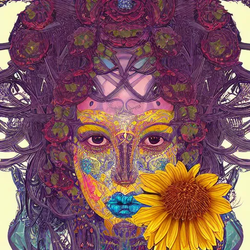 Image similar to the head of a beautiful woman partially made of bananas and chrysanthemums looking up, an ultrafine detailed illustration by james jean, final fantasy, intricate linework, bright colors, behance contest winner, vanitas, angular, altermodern, unreal engine 5 highly rendered, global illumination, radiant light, detailed and intricate environment