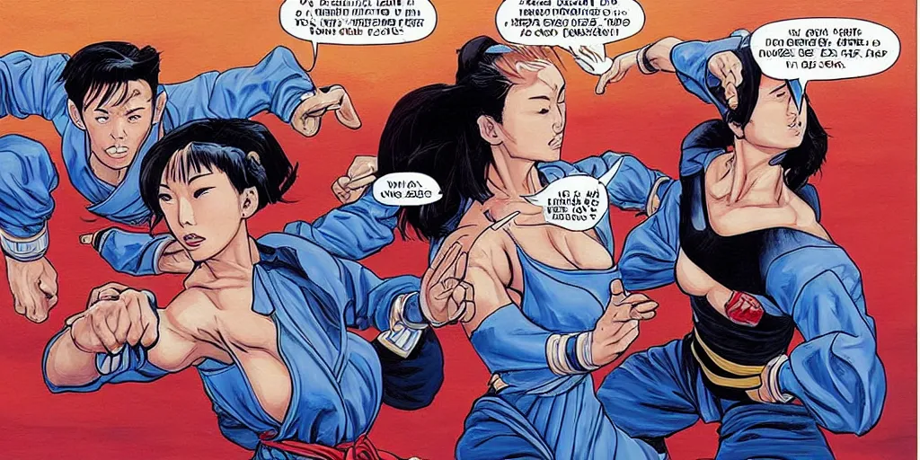 Image similar to Chun Li teaching Trump jujitsu. Epic painting by James Gurney and (Laurie Greasley).