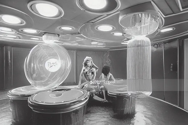 Prompt: high-angle view of two vivacious female jellyfish human hybrids wearing vacuum tube amp armor with transparent digital number readout shoulder pad, sitting inside of a flooded 1970s luxury bungalow cabin with infinity mirror walls, front of submersible vessel penetrating through wall, suspended soviet computer console on ceiling, ektachrome color photograph, volumetric lighting, off-camera flash, 24mm f8 aperture