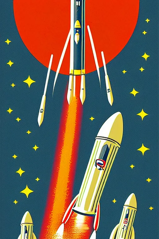 Image similar to poster art of a retro rocket launching. retro space art.