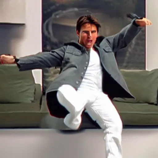 Prompt: tom cruise, 200 years old, jumping on a sofa