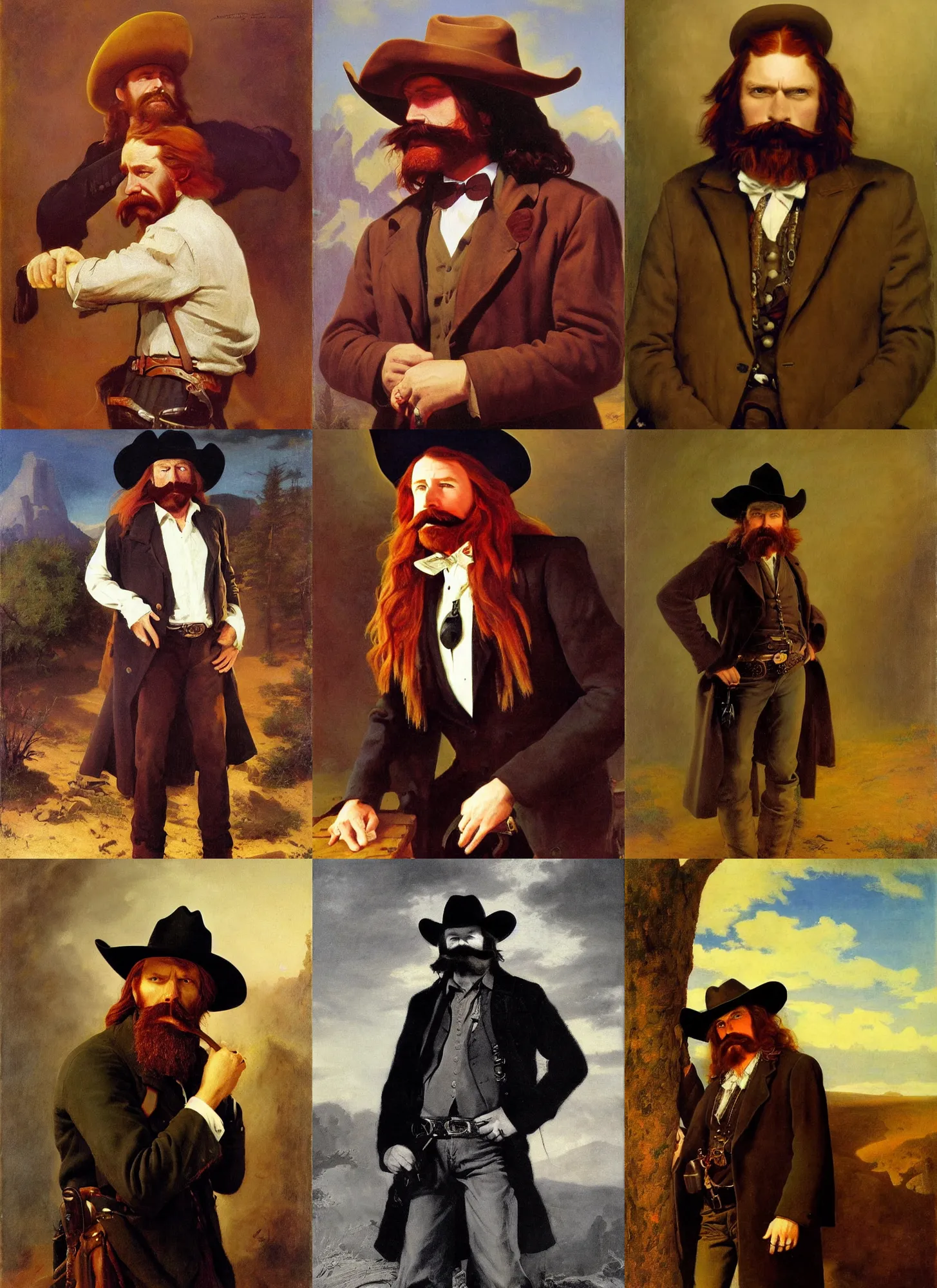 Prompt: portrait drunk cowboy redhead long hair, big moustache, black stetson and coat, dusty backgroung, albert bierstadt, frank tenney johnson, frazetta