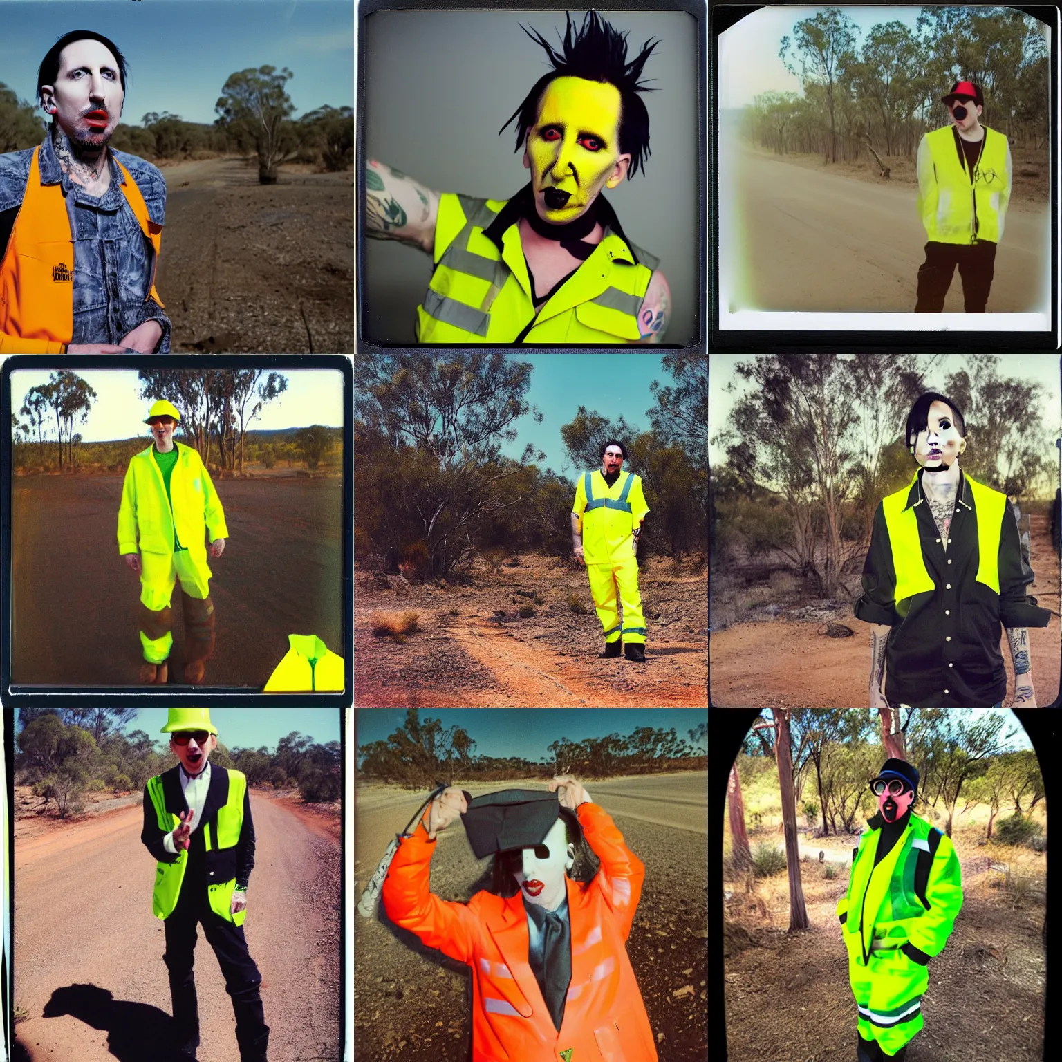 Prompt: Marilyn Manson, wearing hi vis clothing, polaroid photograph, in the Australian outback, 4k