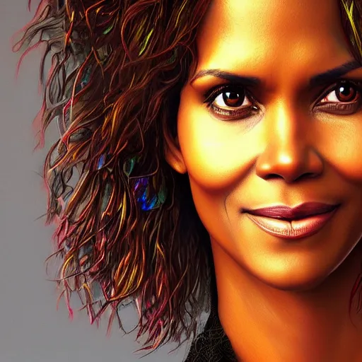 Image similar to photorealistic halle berry. hyperdetailed photorealism, 1 0 8 megapixels, river, amazing depth, glowing rich colors, powerful imagery, psychedelic overtones, 3 d finalrender, 3 d shading, cinematic lighting, artstation concept art