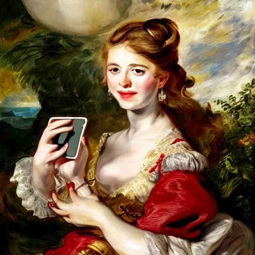 Image similar to heavenly summer sharp land sphere scallop well dressed lady taking a selfie with her cellphone auslese, by peter paul rubens and eugene delacroix and karol bak, hyperrealism, digital illustration, fauvist, cellphone