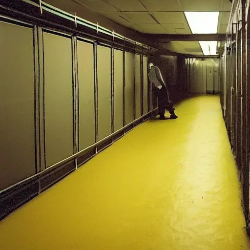 Prompt: flash low quality photograph of a male scientist wearing a lab coat in the backrooms, mustard - yellow old moldy moist carpet room, empty liminal space, very dark shadows, broken fluorescent lighting, horror movie scene, film grain