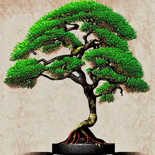 Prompt: Japanese bonzai tree, digital art, merch print, award winning, dark colors