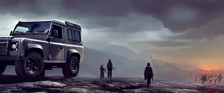 Image similar to Land Rover Defender 110 (1985), an epic fantasy, dramatic lighting, cinematic, establishing shot, extremely high detail, photorealistic, cinematic lighting, artstation, by simon stalenhag, The Elder Scrolls IV: Oblivion, Cyrodiil plains, Imperial City in the distance