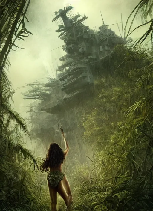 Prompt: a tribal woman from behind in front of the !aircraft carrier USS Nimitz overgrown with vegetation on the ground of a tropical forest, post appocalyptic illustration, by Luis Royo, by Greg Rutkowski, dark, gritty, intricate, backlit, strong rim light, cover illustration, concept art, volumetric lighting, volumetric atmosphere, sharp focus, octane render, trending on artstation, 8k