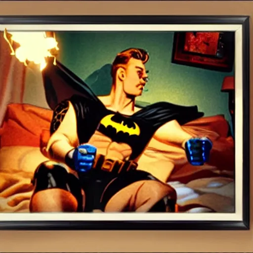 Image similar to movie still, movie frame, batman eats fried chicken in bed, lit only by the glow of the television set