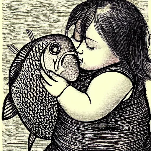 Image similar to the same style. the most beautiful little fat sweet girl is kissing a huge colorful cute fish. modern etching. colored print. hype realistic scene.