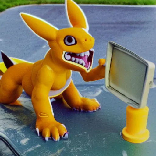 Image similar to 90s vignette photo of Renamon from Digimon washing a 90s car in a suburban neighborhood, realistic Polaroid picture, weathered artifacts