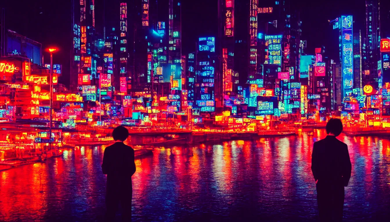Prompt: 80s asian neon movie still with a lone man by the river at night with vibrant city lights behind his back. Fallen angels movie still. hyperrealistic, high definition, medium format photography, highly detailed, tehnicolor, 8k resolution