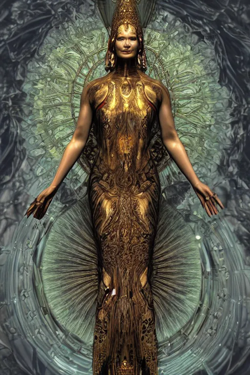 Prompt: a realistic dark photo of a beautiful ancient alien woman goddess kate moss nataraja shiva standing in iris van herpen dress jewelery and fractals in style of alphonse mucha art nuvo dmt trending on artstation made in unreal engine 4