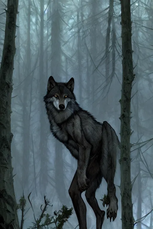 Prompt: full figure beautiful young fit antrophomorphic male wolf, bared teeth and long claws, frozen scene, by greg rutkowski and alphonse mucha, d & d character, gradient black to silver, in a forest at night, highly detailed portrait, digital painting, artstation, concept art, smooth, sharp focus illustration, artstation hq