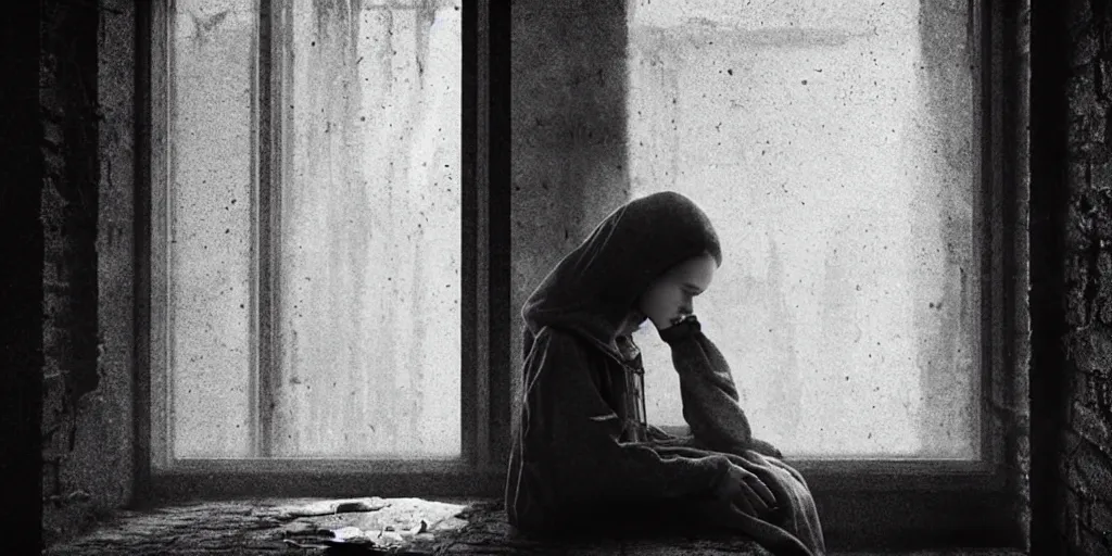 Image similar to at night, sadie sink in hoodie sits on windowsill, knees tucked in | rain falls, old brick wall with ussr propaganda posters : imax b & w film stock, anamorphic, single long shot from schindler's list by steven spielberg. cyberpunk, photorealistic, cinematic atmosphere, detailed and intricate, perfect anatomy