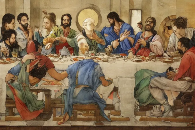 Prompt: the last supper but all people here are gundam, high detailed property, smooth line, realistic, artgem, juan luna, augusta savage