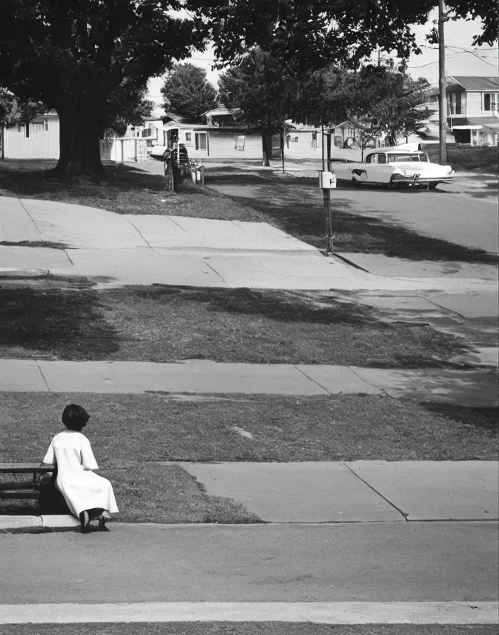 Image similar to “ 1 9 6 0 s quiet american neighborhood, a woman waiting ”