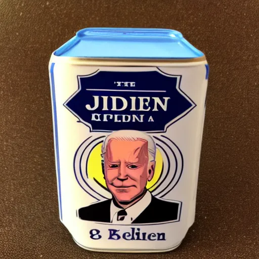 Image similar to biden on mini soda can, kitchen