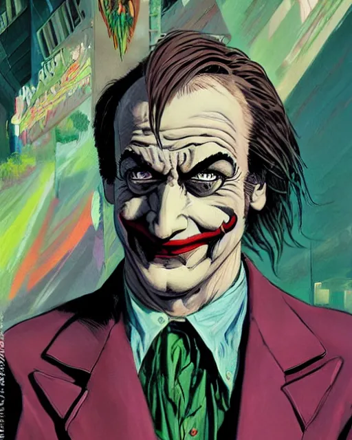 Image similar to portrait of saul goodman as the joker, colorful, art by makoto shinkai and peter elson, bernie wrightson