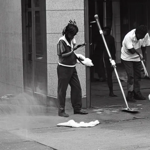 Prompt: closeup portrait of a cleaners mopping up the tears of crying people in a new york street, natural light, photography, world press photo