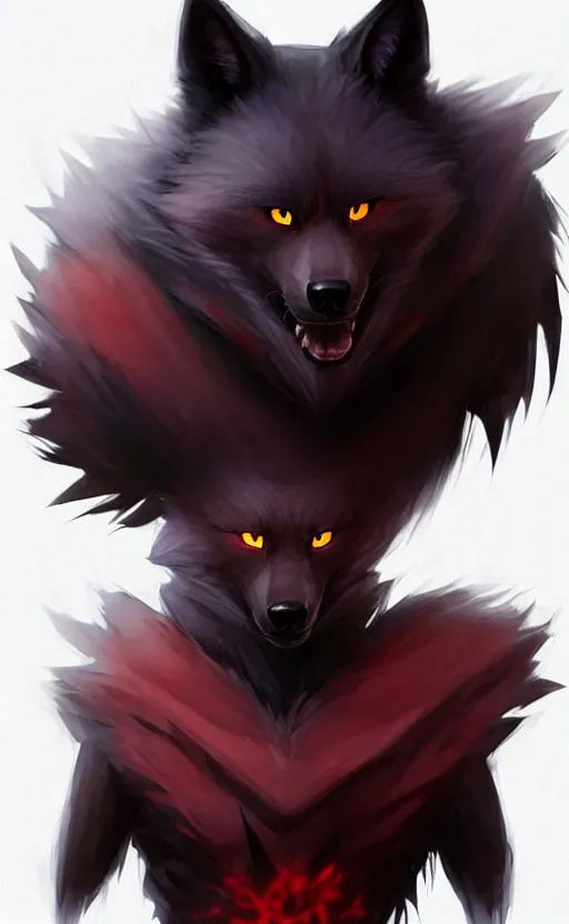 Image similar to character concept art of a black anthropomorphic male furry wolf long red hair | | cute - fine - face, pretty face, key visual, realistic shaded perfect face, fine details by stanley artgerm lau, wlop, rossdraws, james jean, andrei riabovitchev, marc simonetti, and sakimichan, trending on artstation