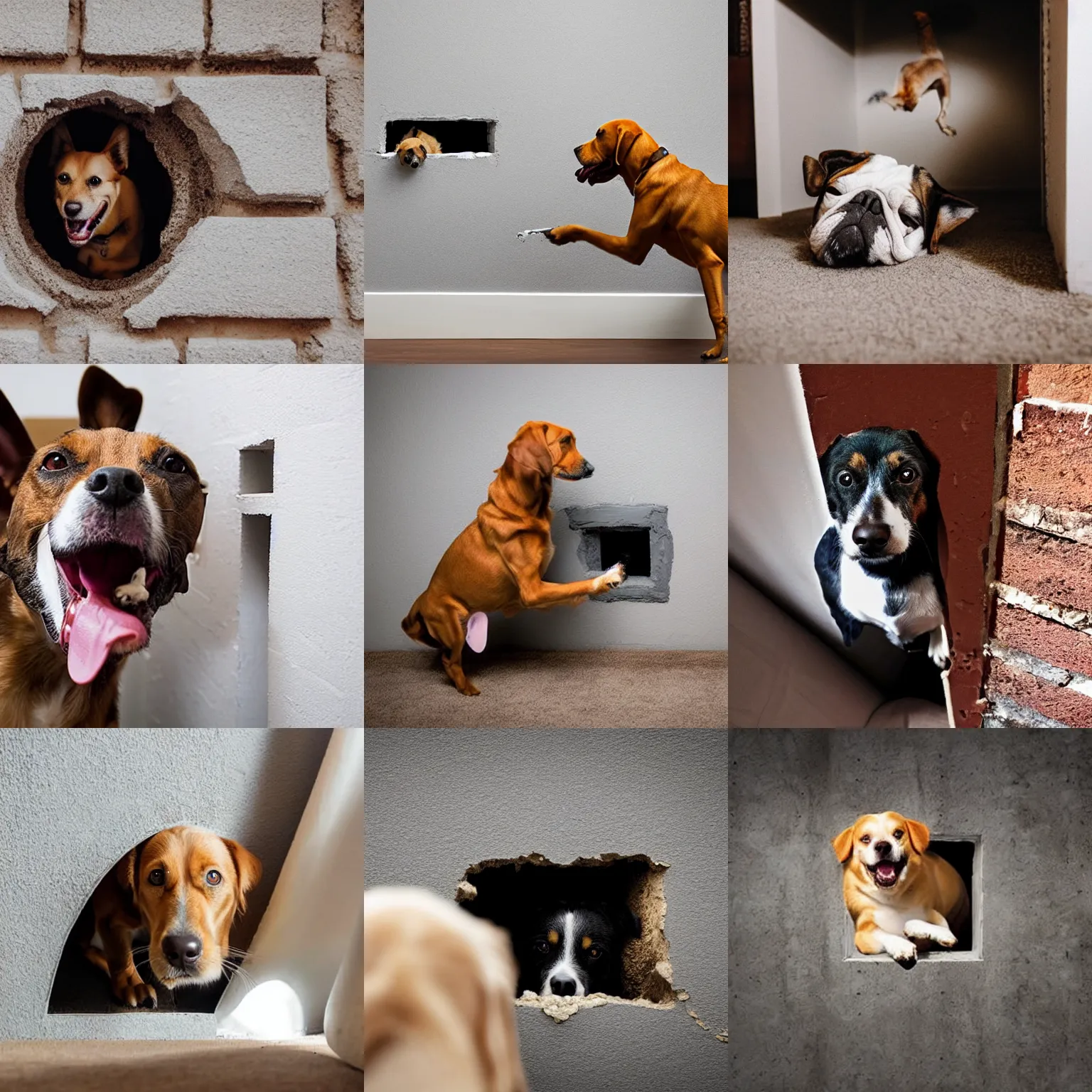 Prompt: a photo of a dog breaking a hole into the living room wall