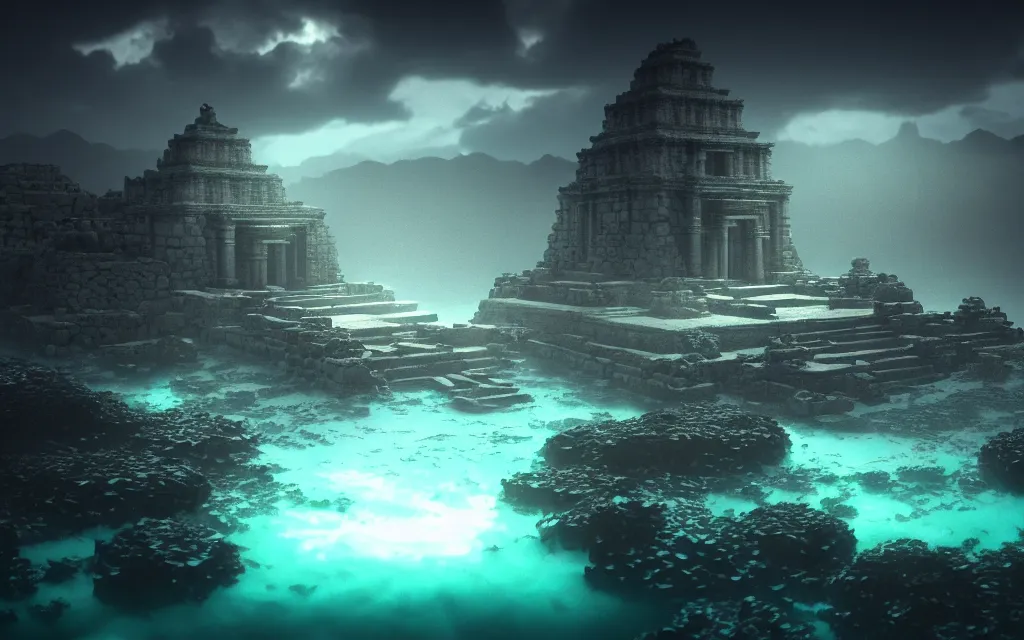 Image similar to ultrawide shot of submerged pre - incan temple, anime style mixed with fujifilm, dark, underwater, symmetrical, bubbles, abyss, dark, murky, foggy, atmospheric, crepuscular rays, artstation, cgsociety, octane render, cgi, unreal engine 5, denoise, detailed, cinematic masterpiece