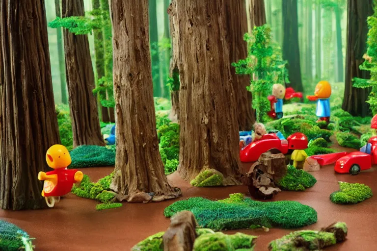 Image similar to fisher - price redwood forest, scene from a ridley scott movie